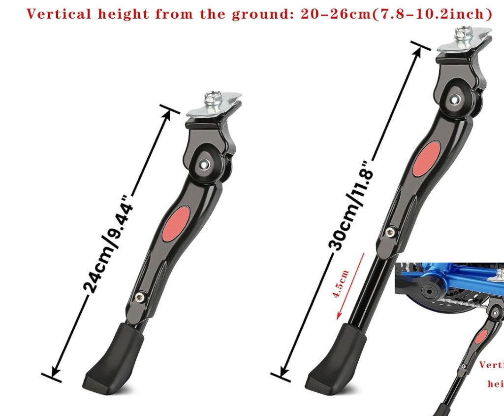 A popular adjustable bike kickstand with red accent pads